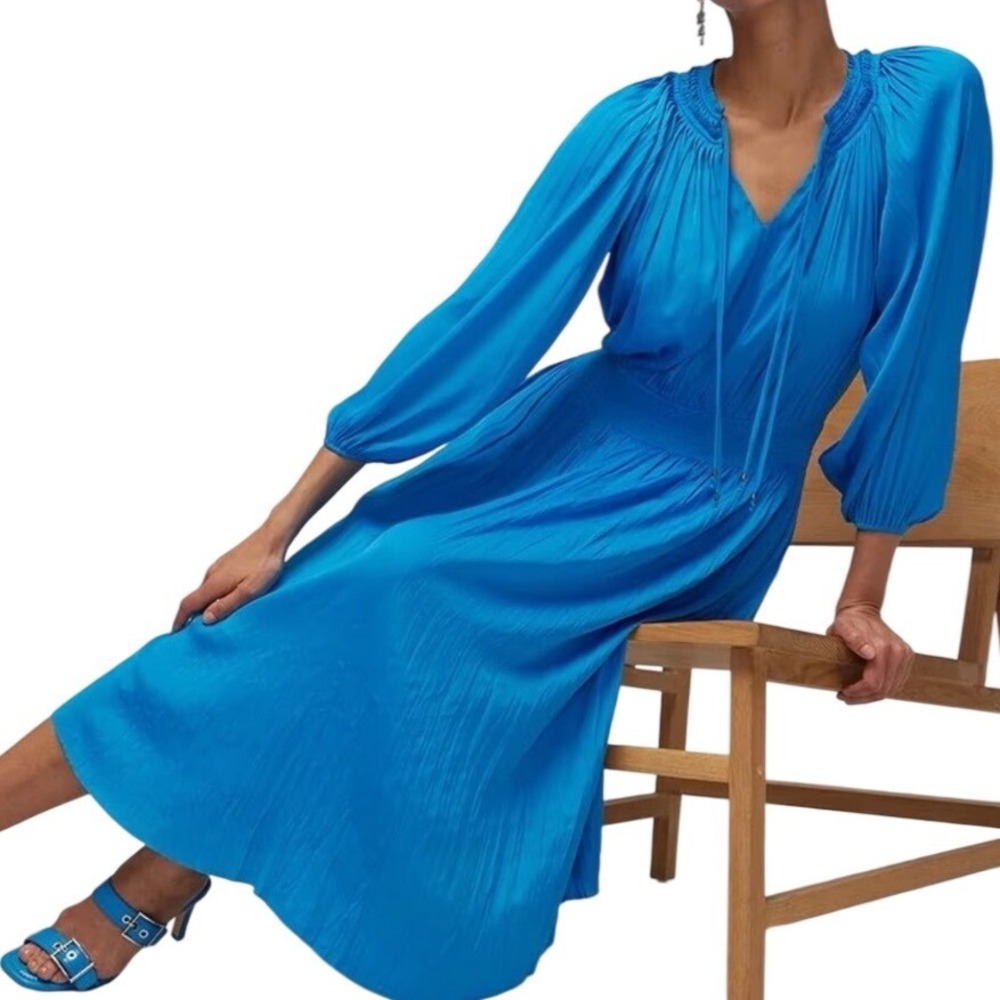 WHBM Women's Blue Pleated Smocked Waist Long Sleeve Midi Dress Size XS Feminine